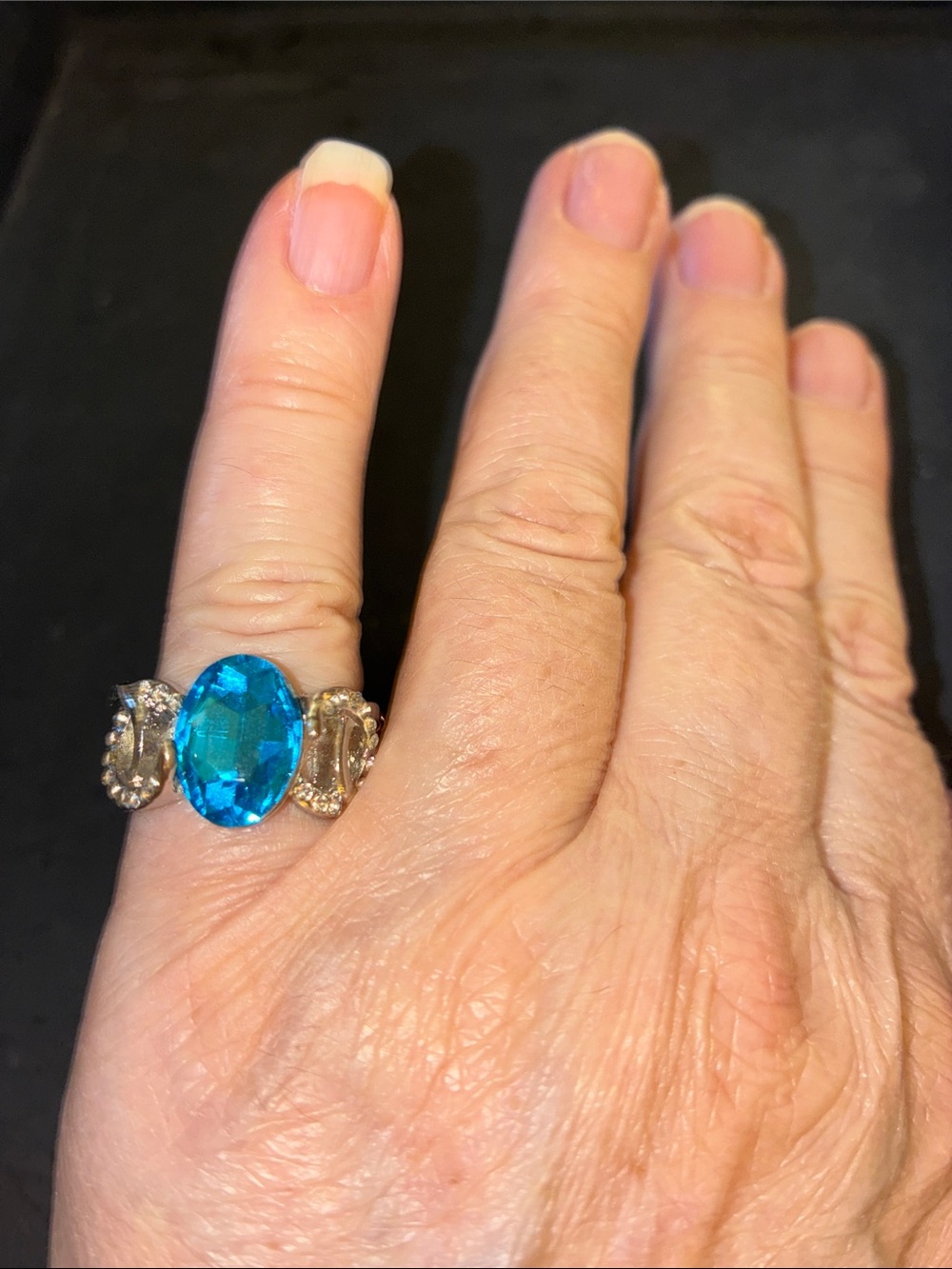 Blue Crystal Statement Stretch Ring - Silver Tone